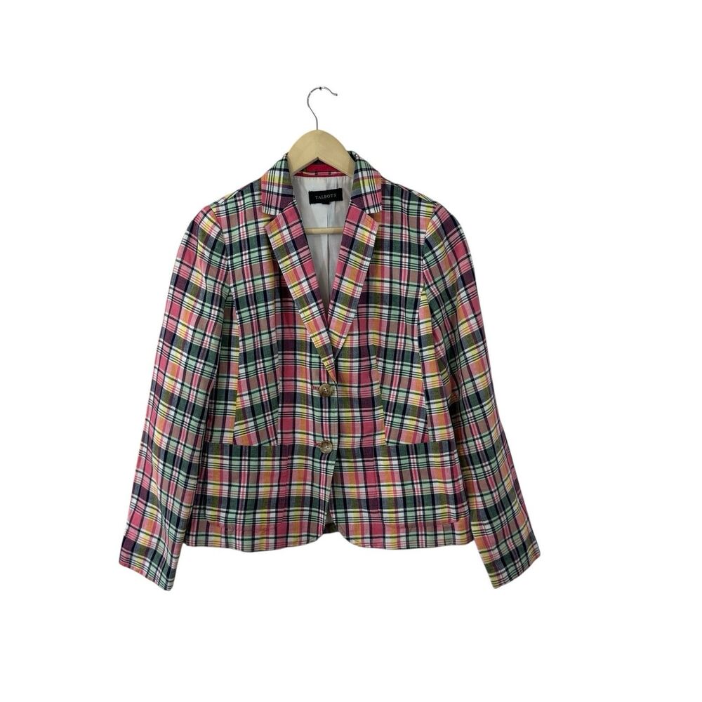 Talbots 4 Madras Linen Cotton Blazer Jacket Plaid Button Front Lined Womens